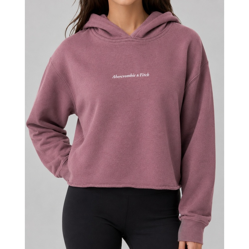 Abercrombie & Fitch Hoodie Women XS Mauve Oversized Cropped Logo Raw Hem Top
